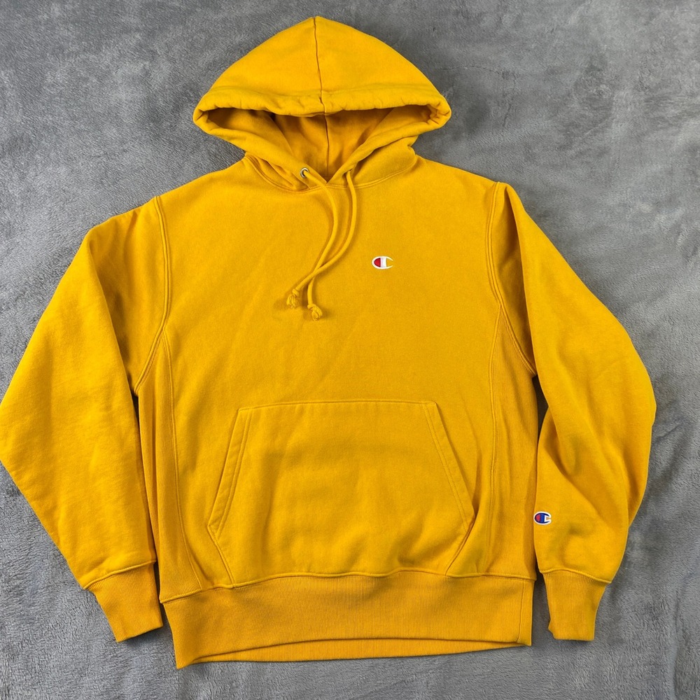 Champion Hoodie Mens M Yellow Reverse Weave Heavy Pullover Fleece Streetwear